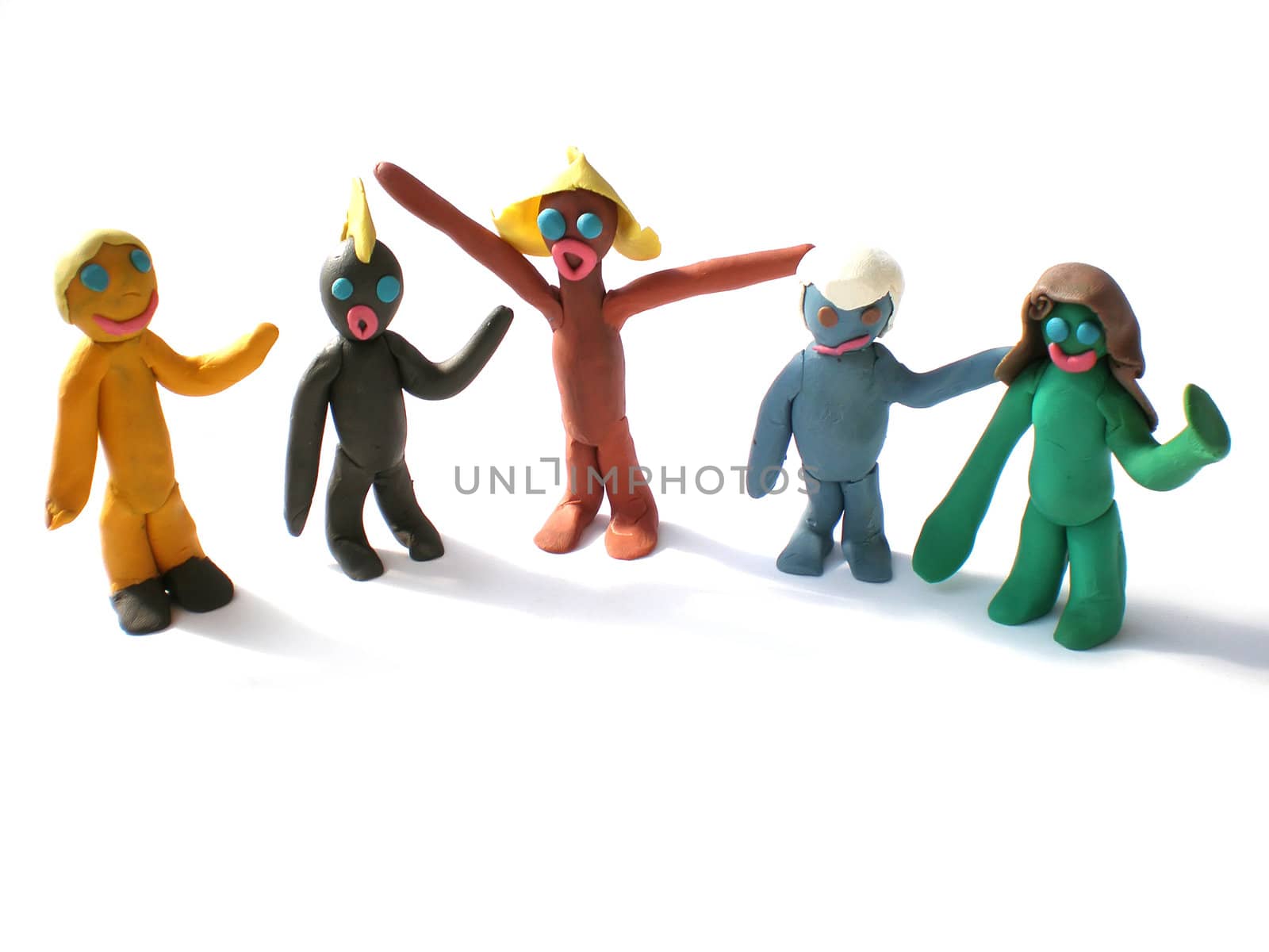 plasticine people figures saying hi on white background