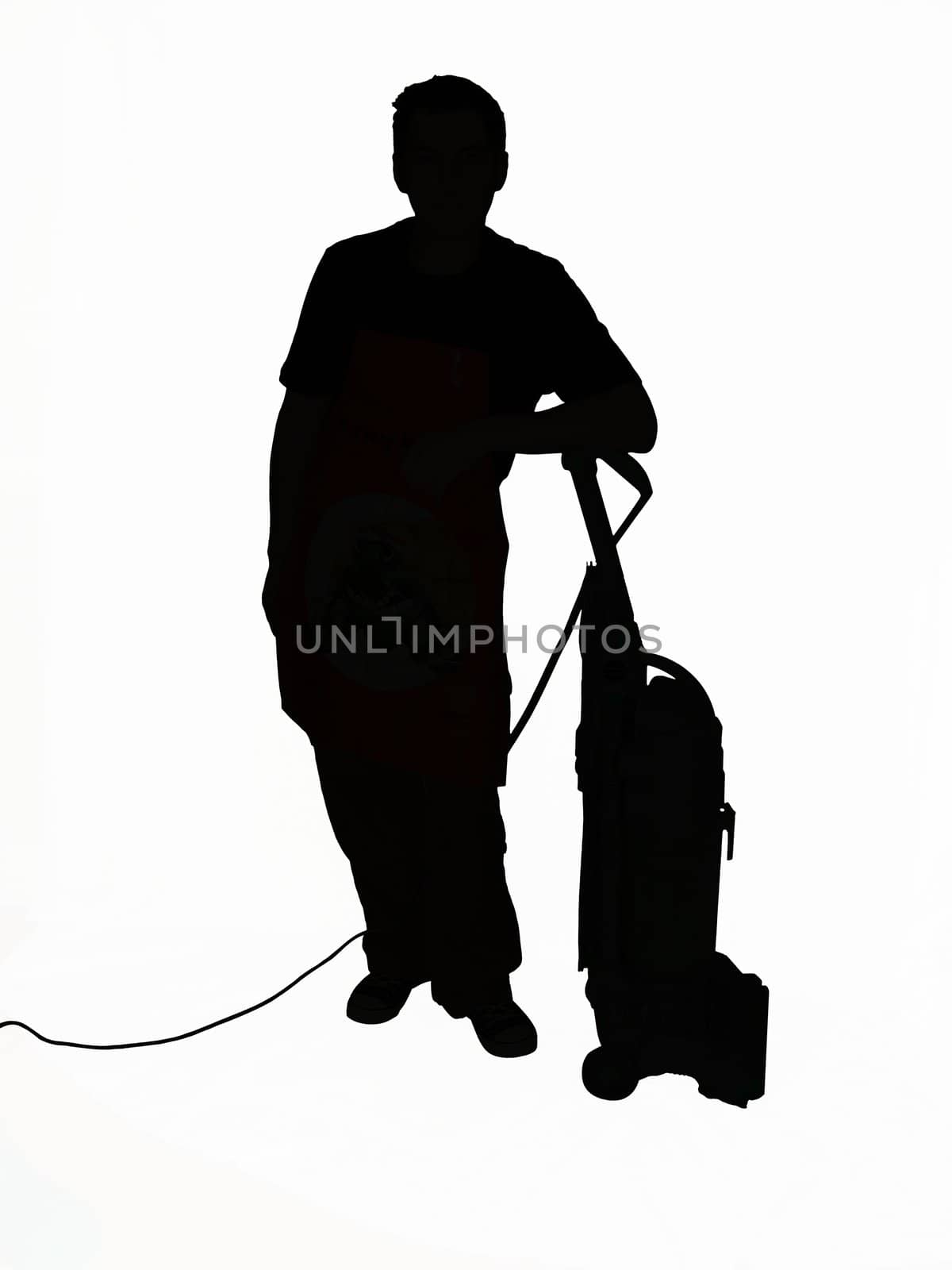 Silhouette of a man leaning on a vacuum cleaner 