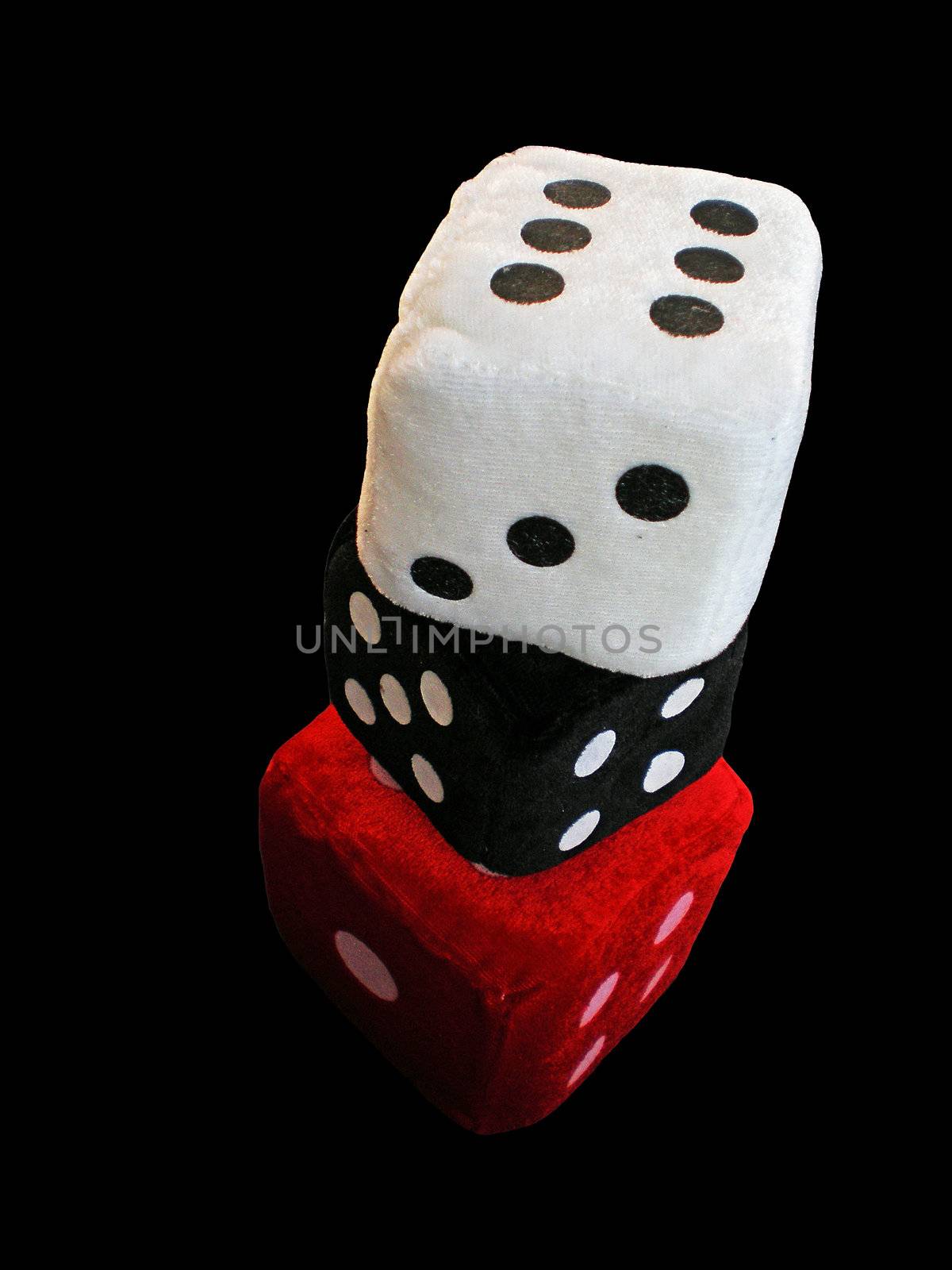 red, white and black dice up in a column