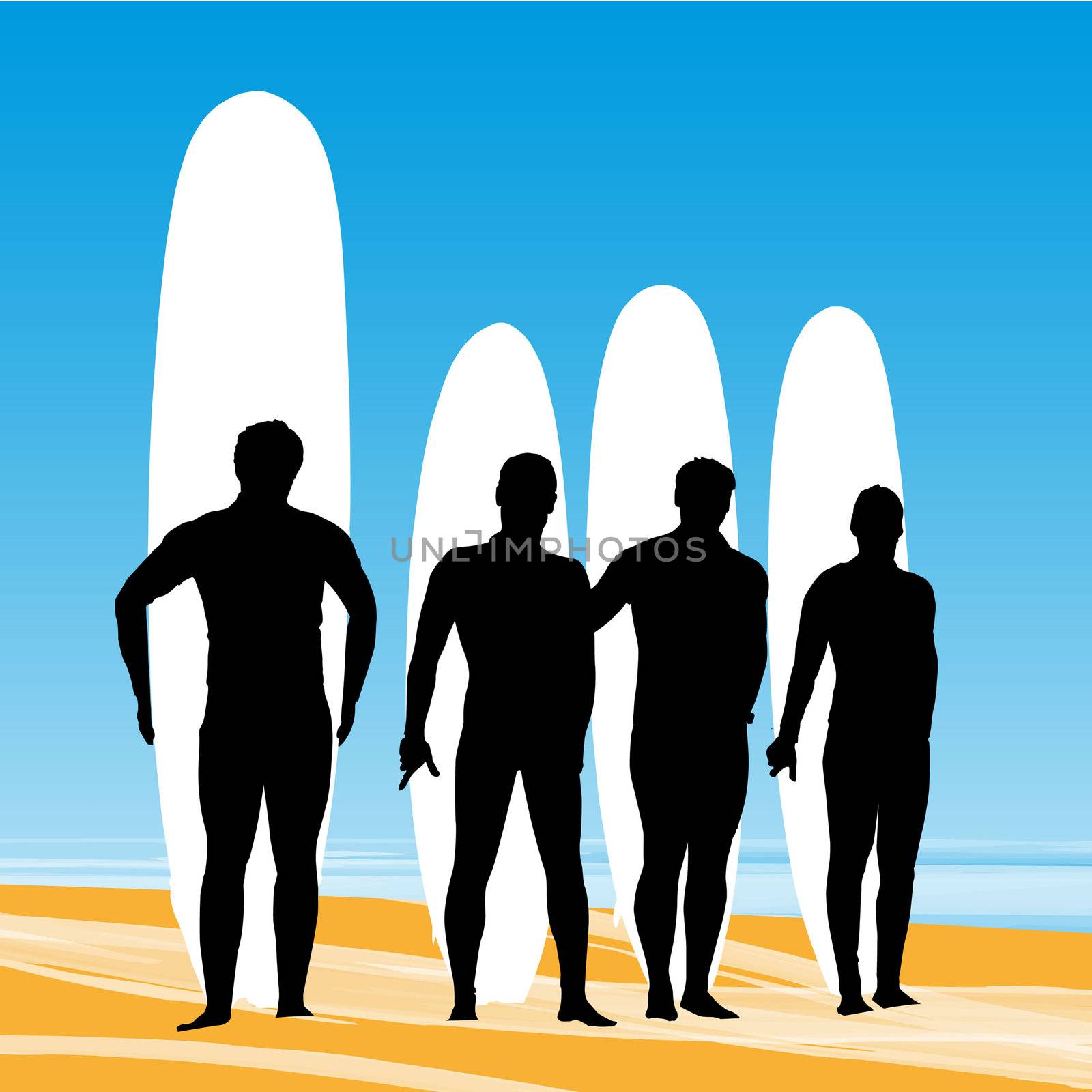 Surfers with surfboards posing for the picture on a beach background.