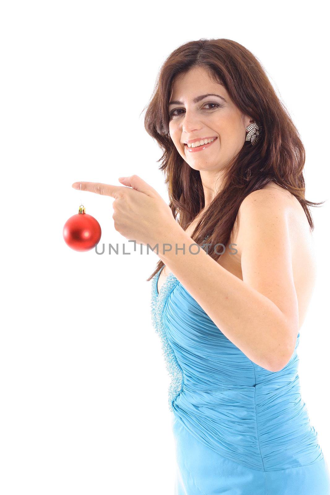 shot of a woman holding ornament on white vertical by creativestock