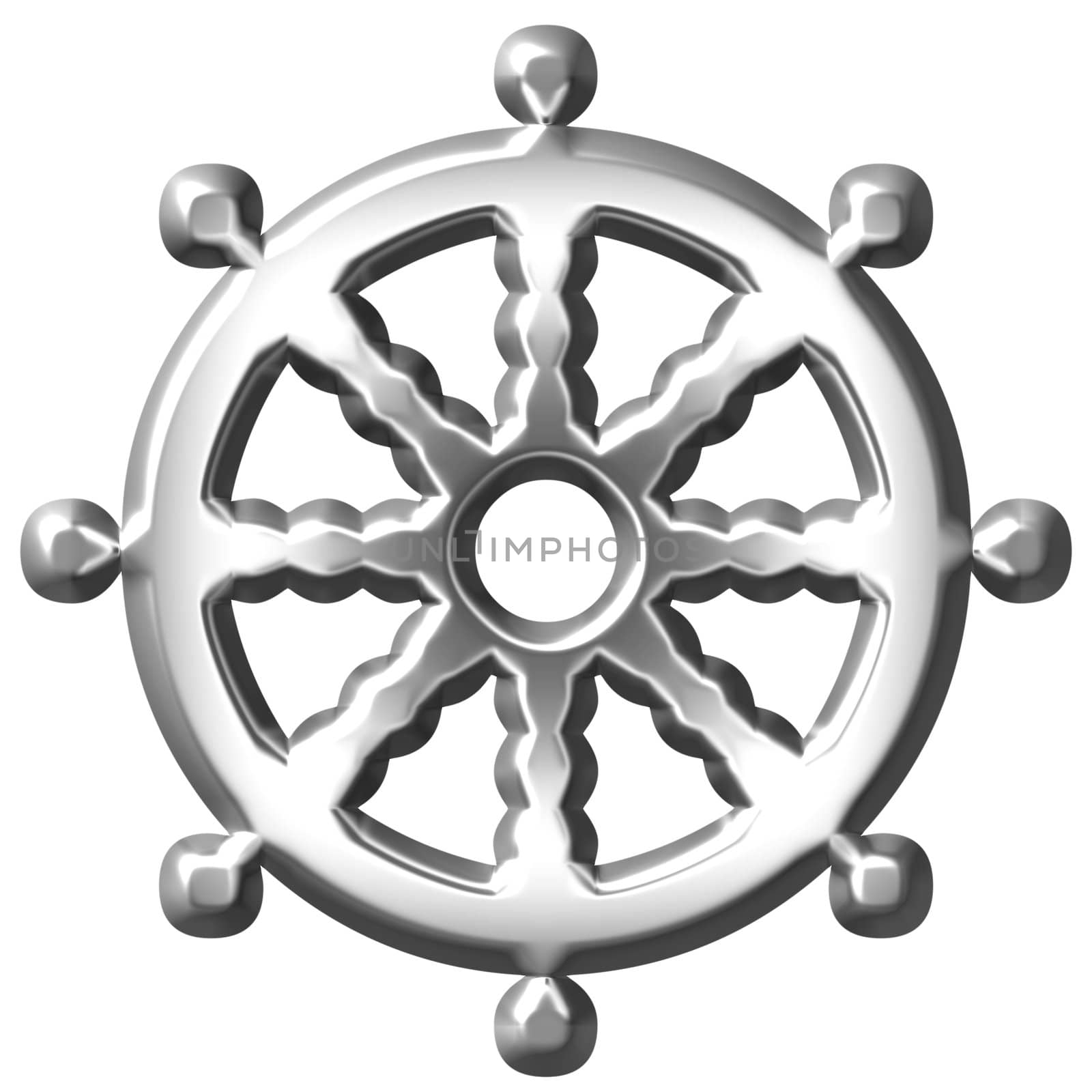 3d silver Buddhism symbol Wheel of Dharma isolated in white