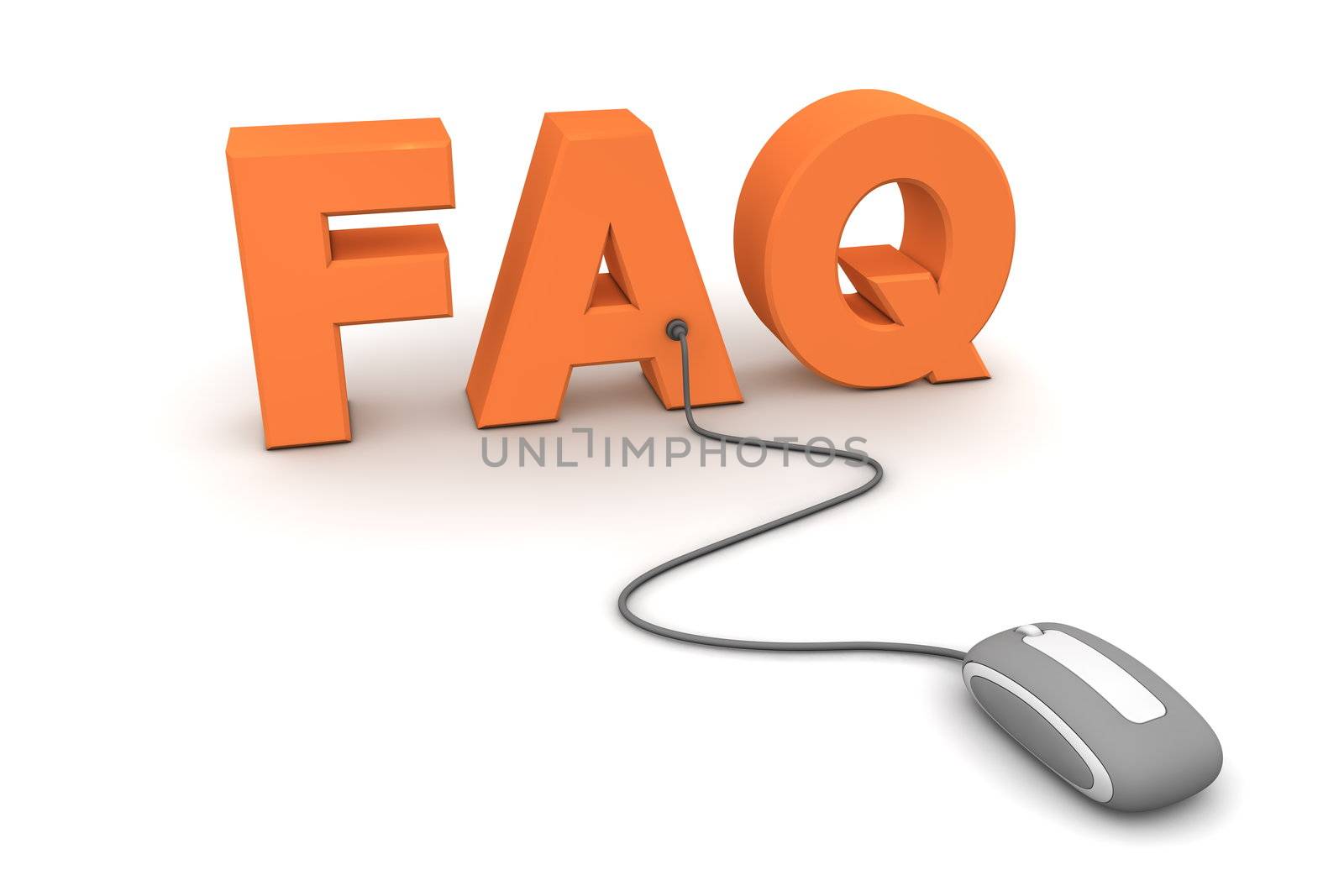 modern gray computer mouse connected to the orange word FAQ