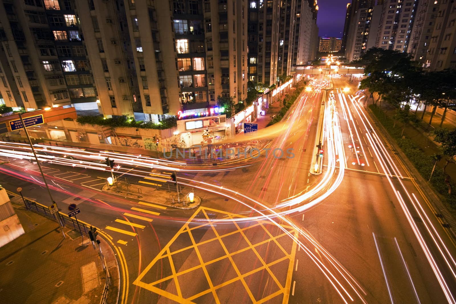 Modern Urban City with Freeway Traffic at Night, hong kong