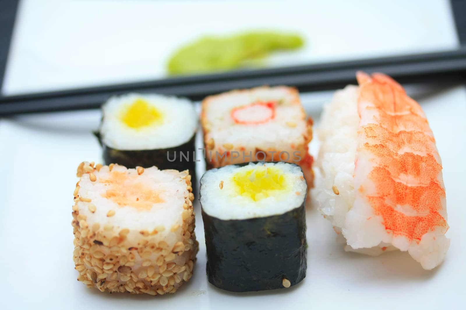 traditional Japanese sushi with chopsticks and Japanese condiment, wasabi
