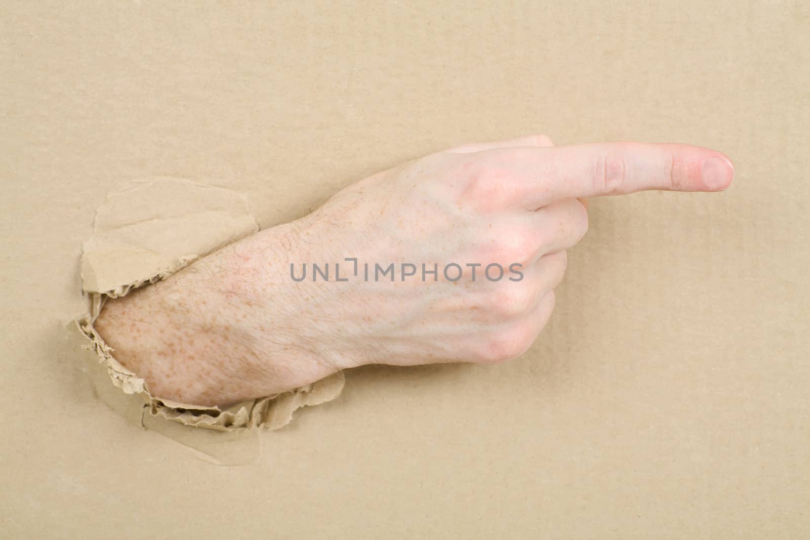 Gesture male hand through from hole in cardboard