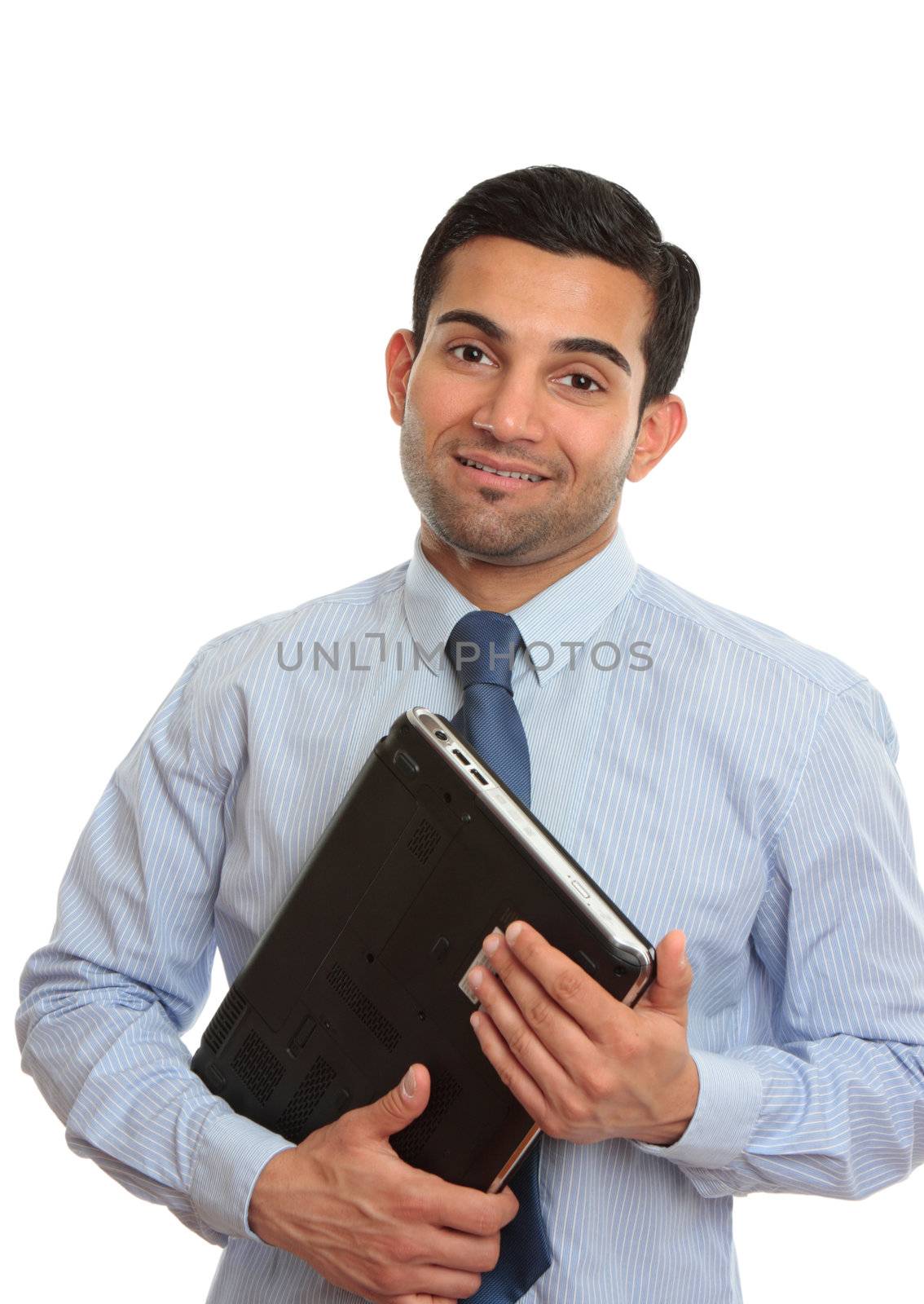 A smiling IT consultant, technician or salesman holding a laptop computer.  White background,