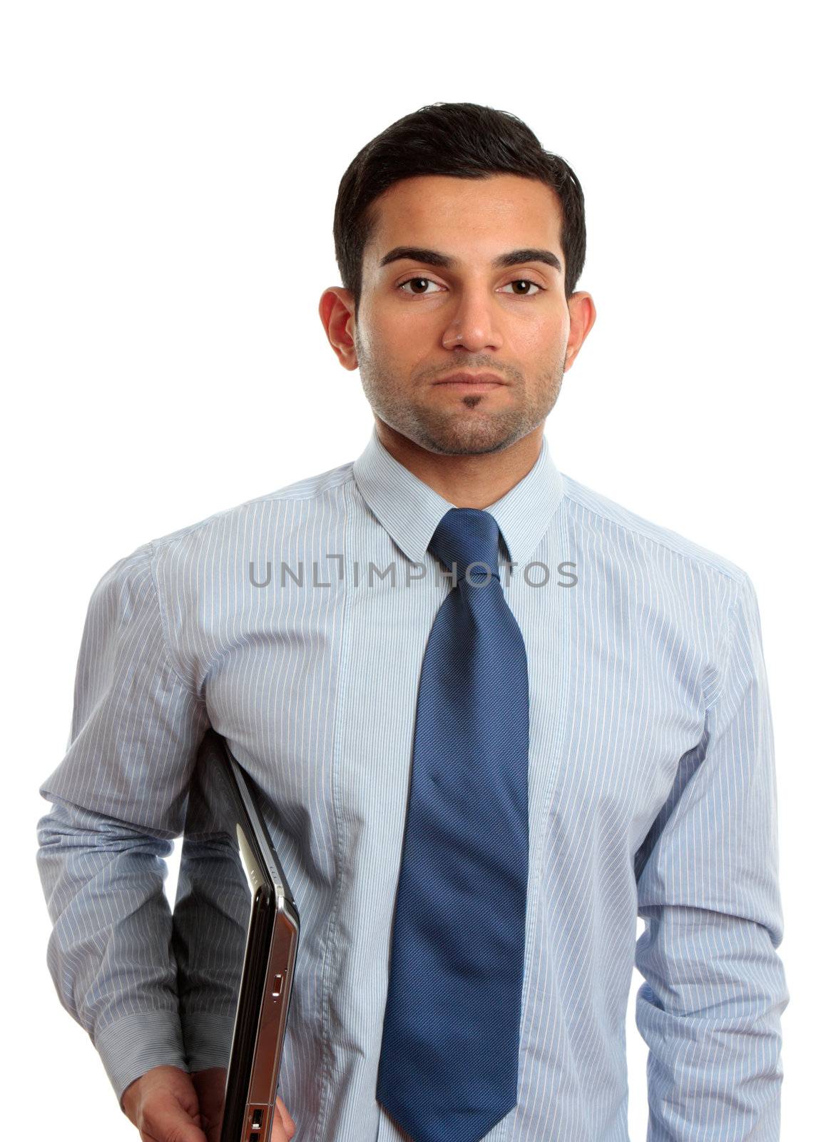 A businessman, IT consultant or IT technician wearing shirt and tie and holding a laptop computer.  White background.