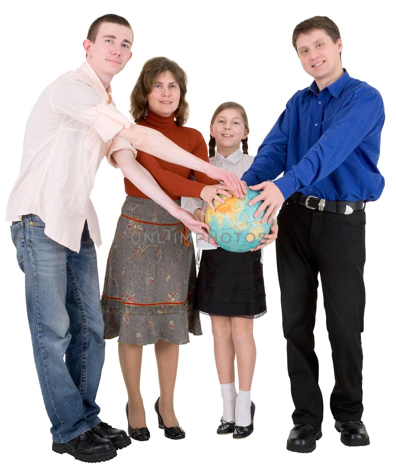 Man,woman and child hold globe on white