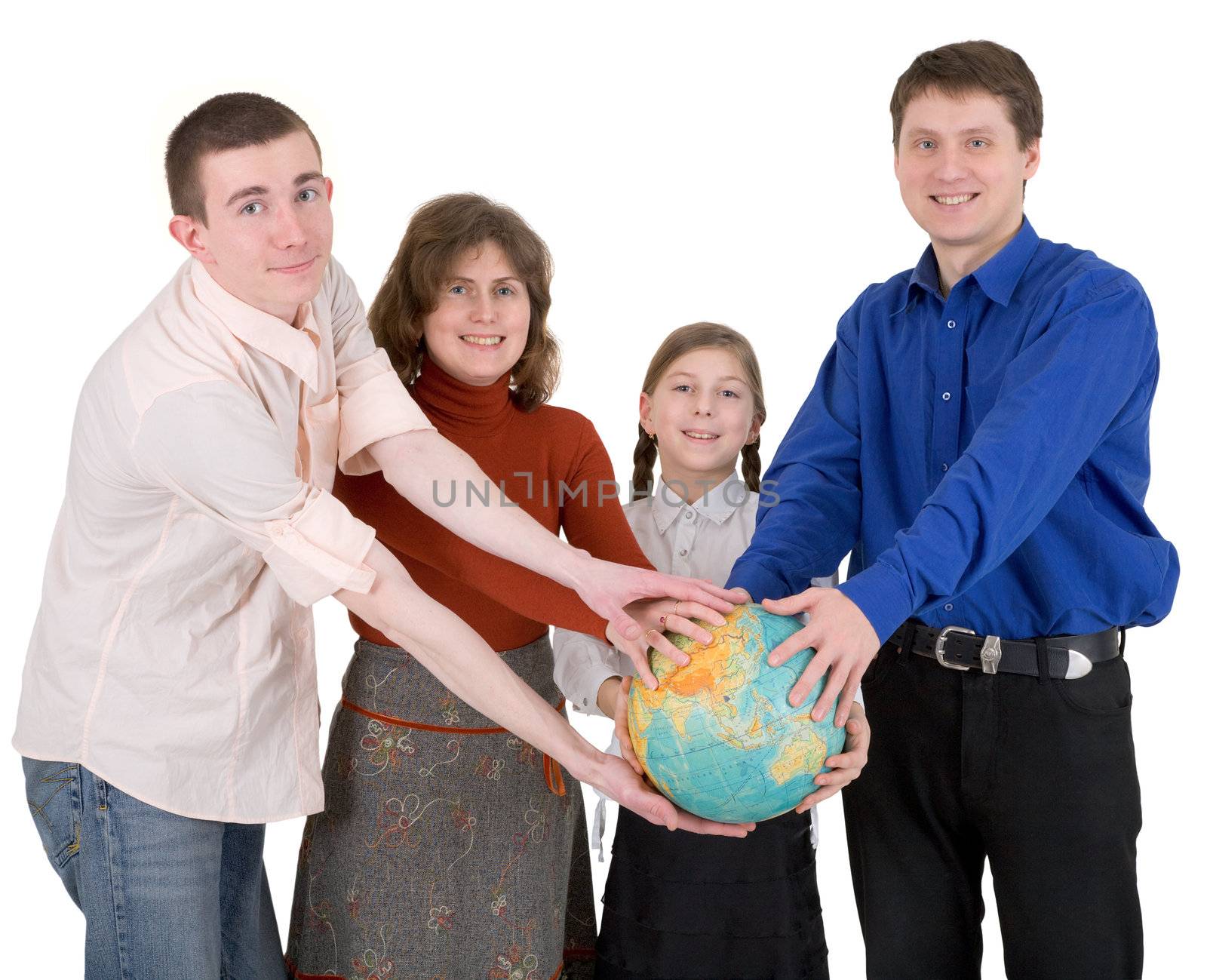 Man,woman and child hold globe on white 