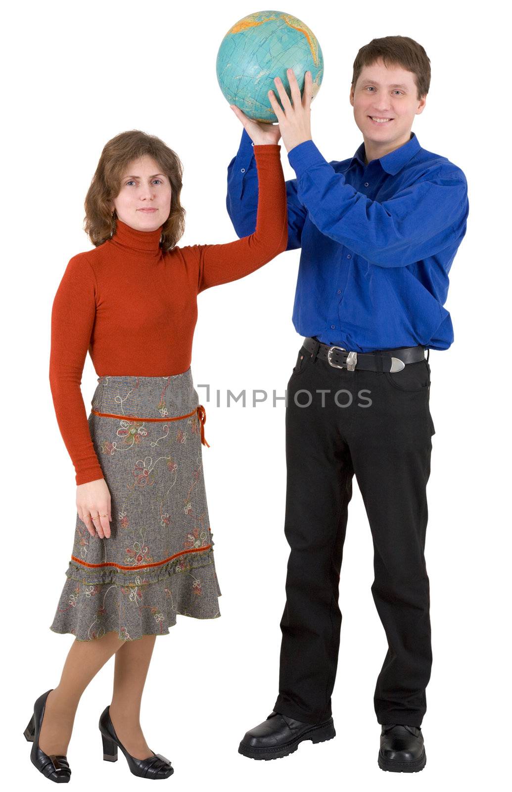 Man and women hold globe on a white background