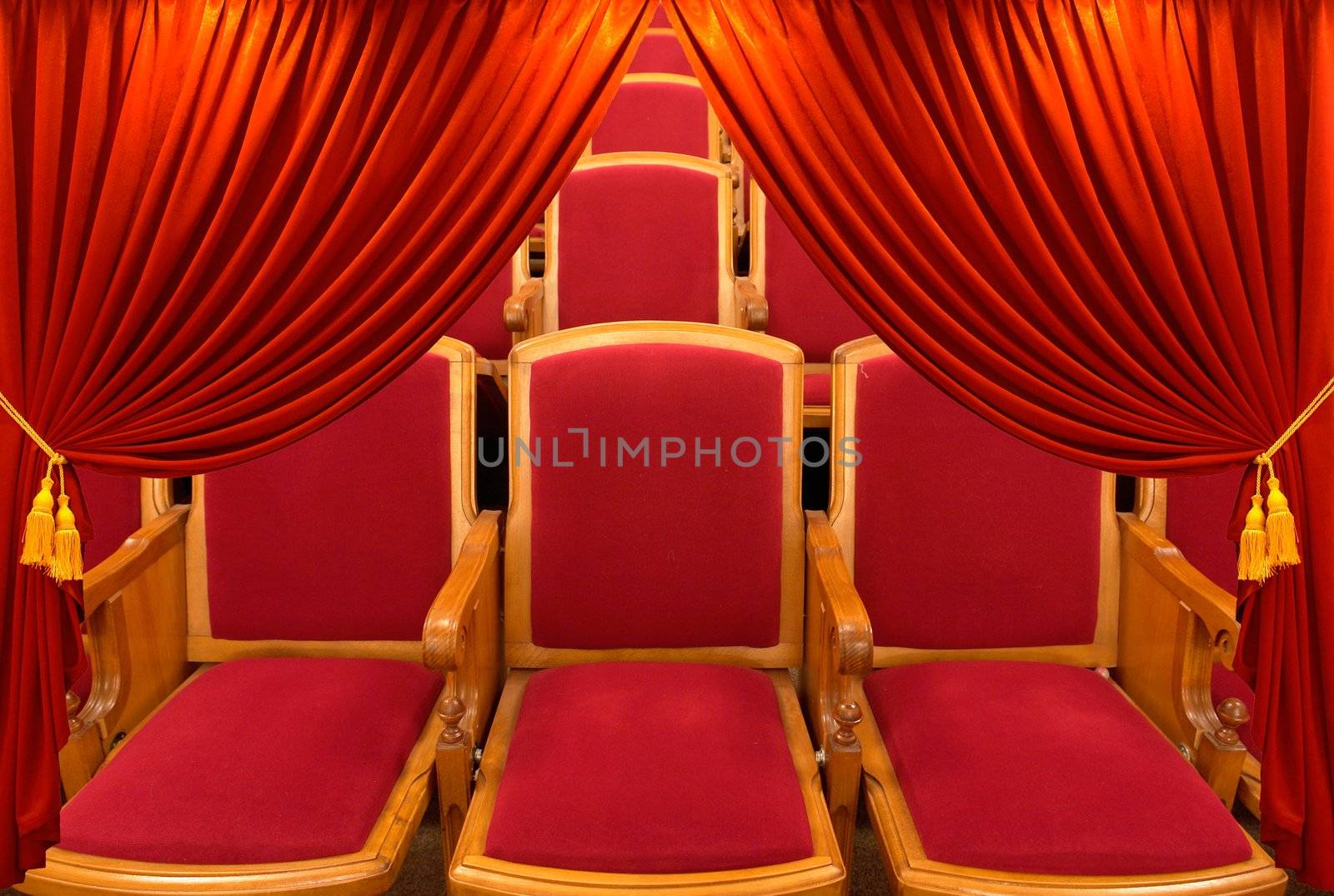 red window shades on a background a hall