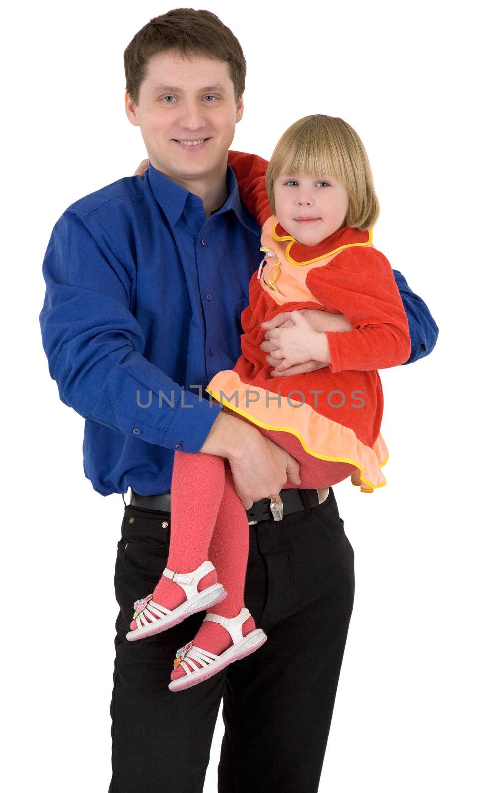 Man hold the girl on a white background