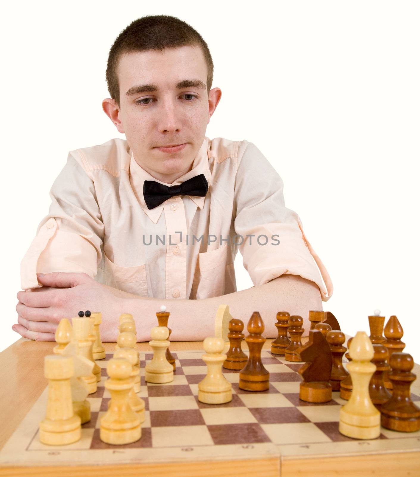 Man looking on chess on a white background