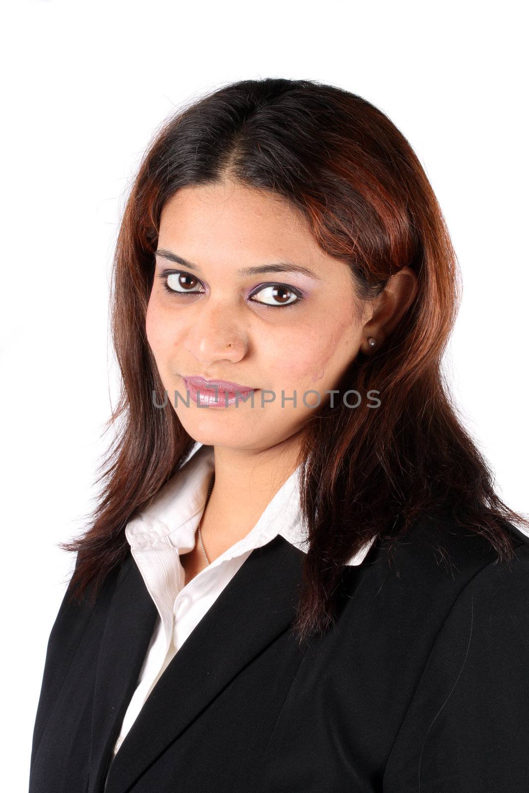 A portrait of a smart Indian businesswoman, on white studio background.