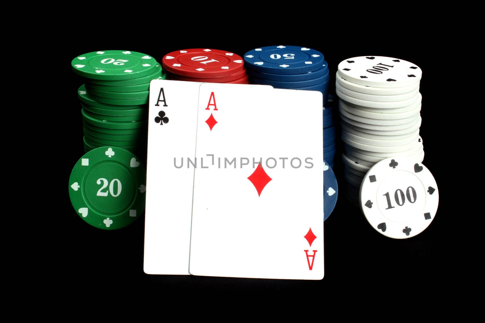 A winning hand of poker made of a pair of Aces with poker chips, on black studio background.
