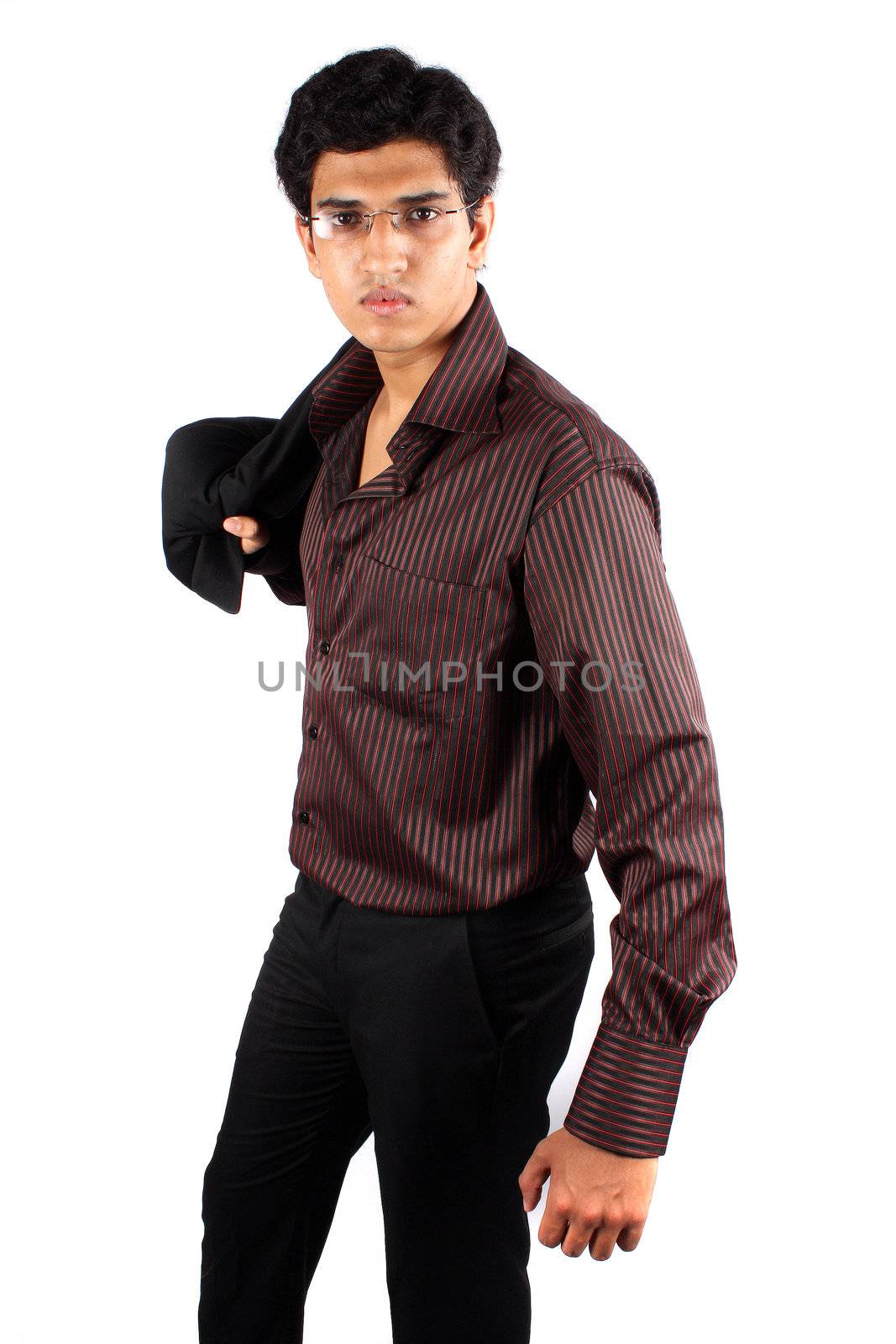 A smart young Indian guy, posing on a white studio background.