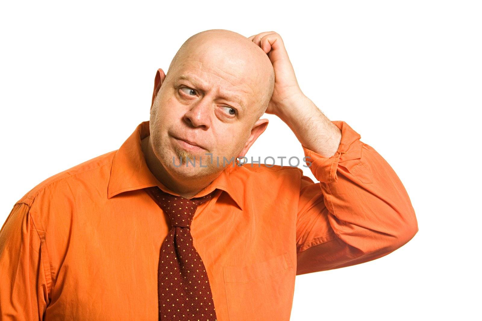  Bald man in an orange shirt  on a white background 
