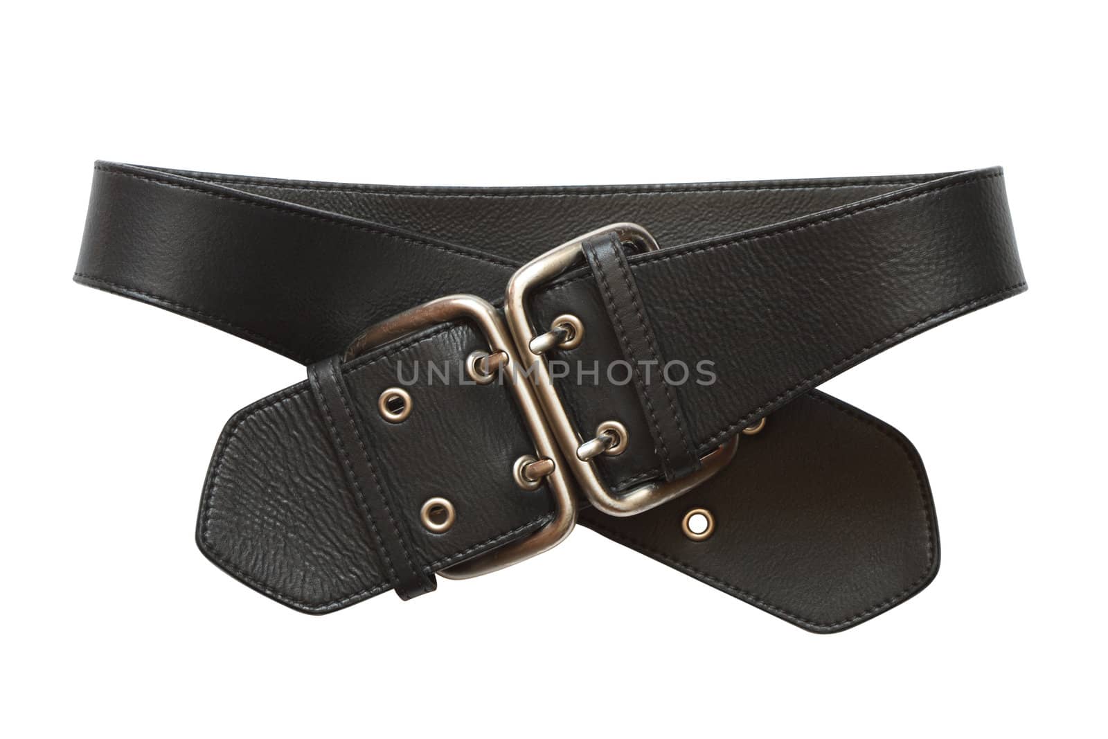 Closeup of black leather belt isolated on white background with clipping path