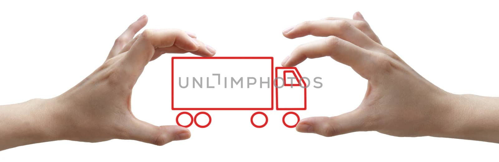 A human hands with concept red truck