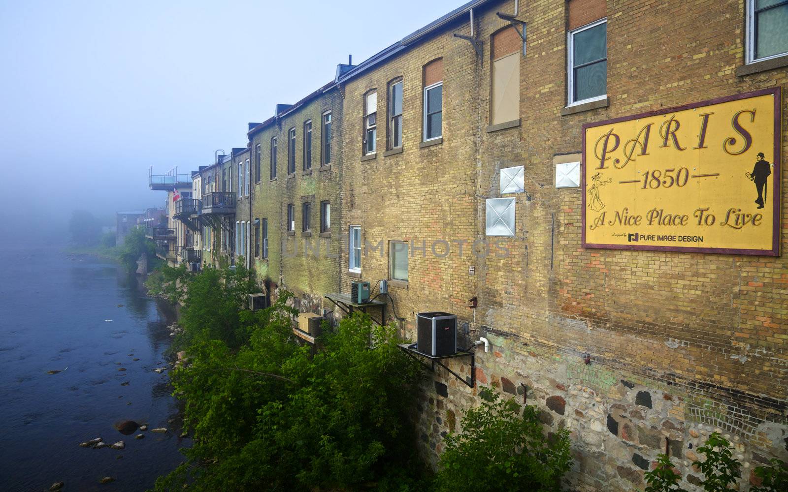 Riverfront of Paris, Ontario, Canada with welcome sign