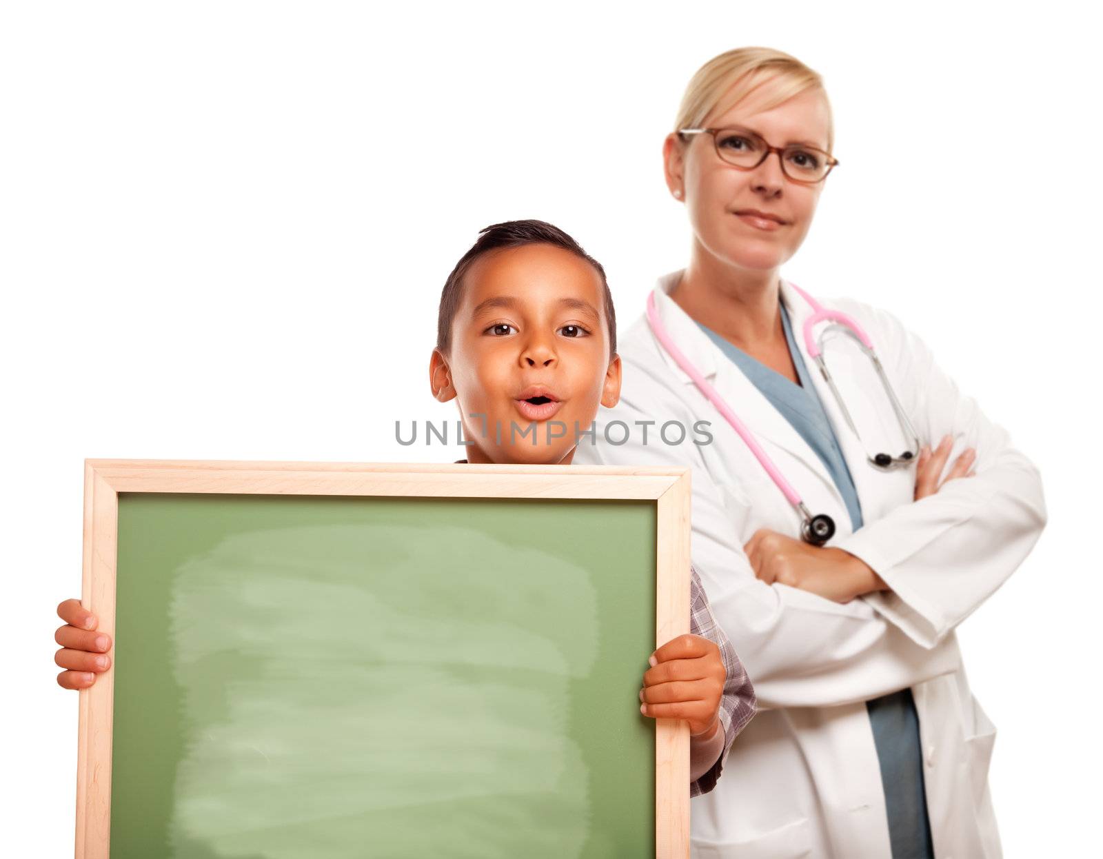 Female Doctor with Hispanic Child Holding Chalk Board by Feverpitched