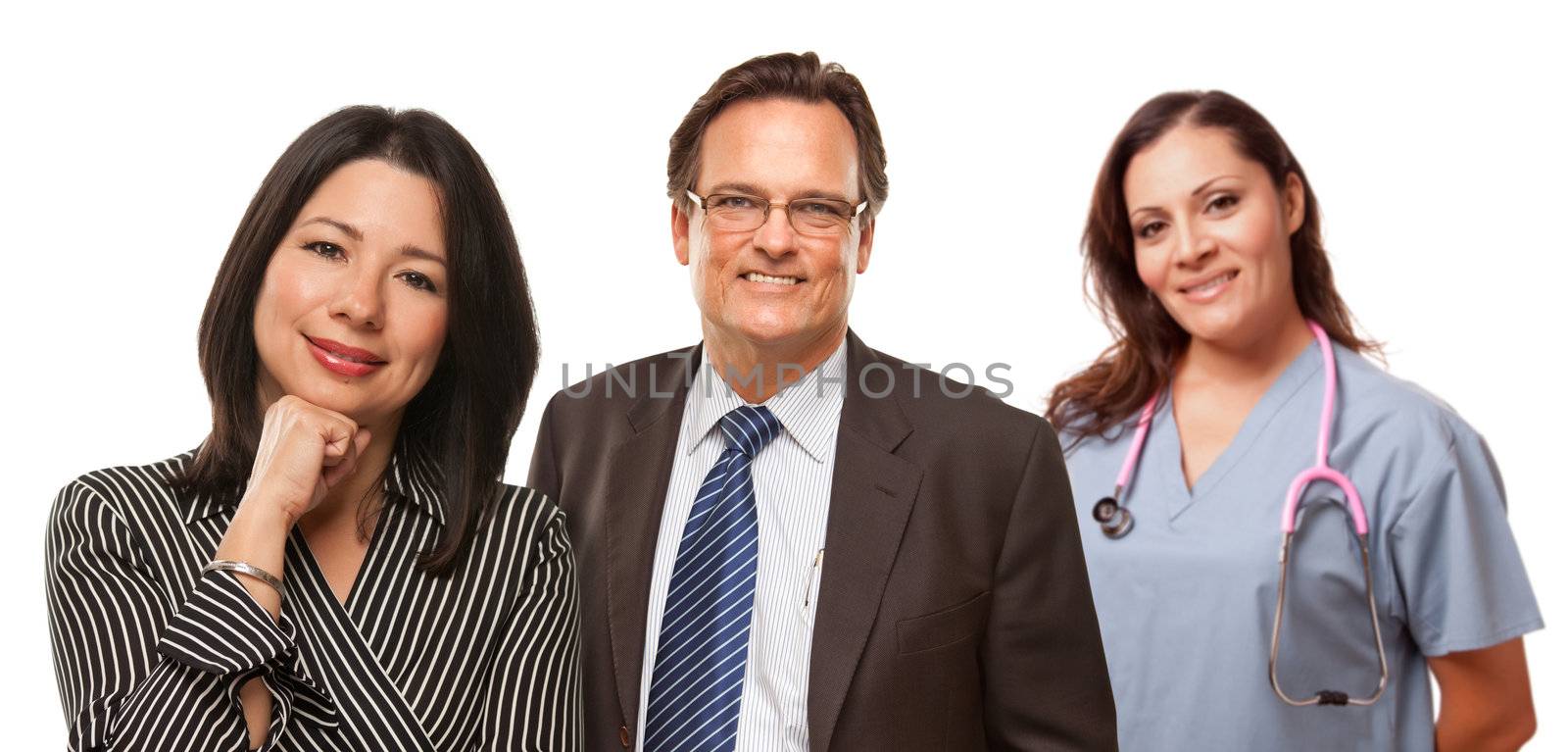 Hispanic Woman with Husband and Female Doctor or Nurse Isolated on a White Background.