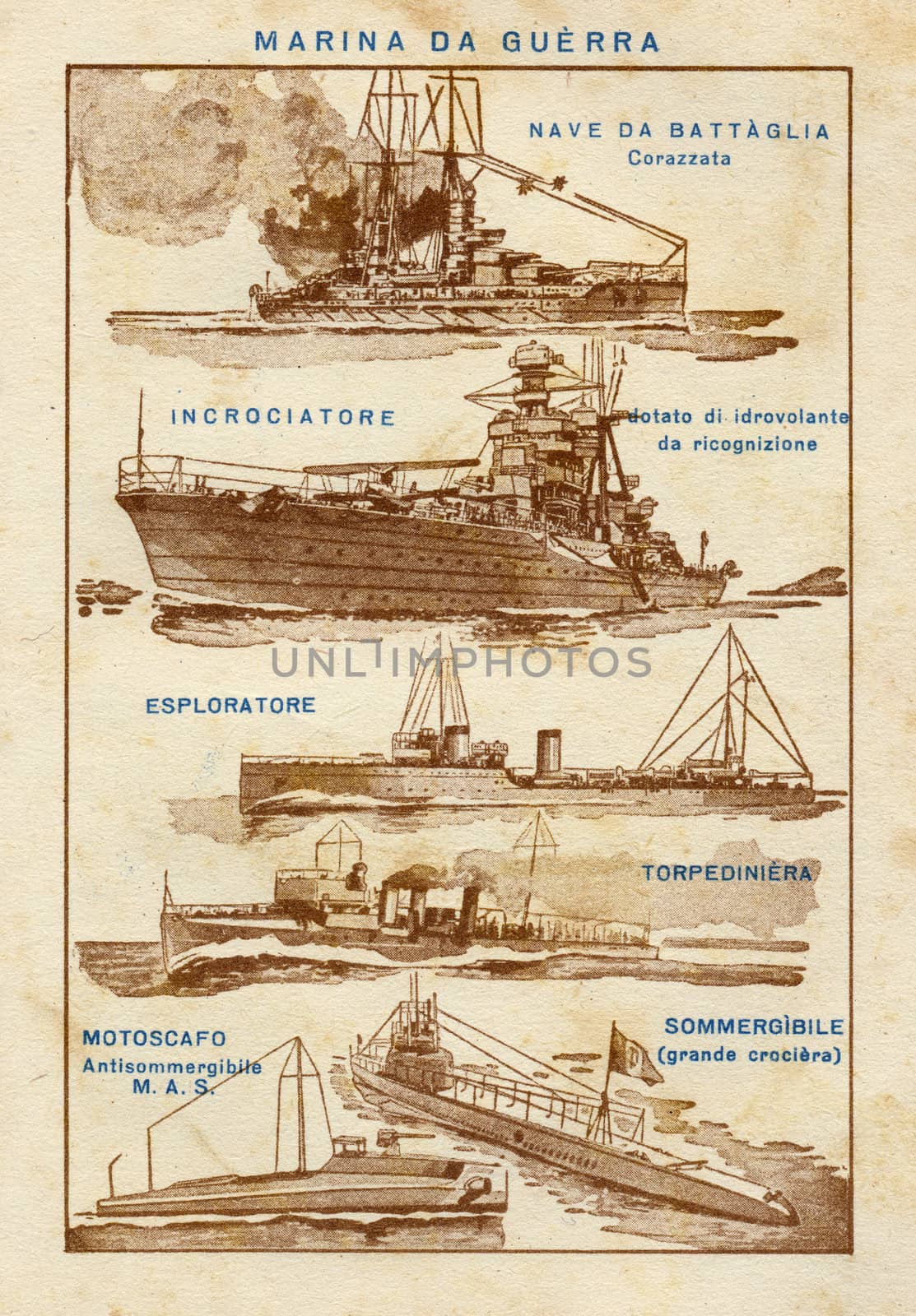 ITALY - CIRCA 1940: Vintage illustration of warships, circa 1940 in Italy