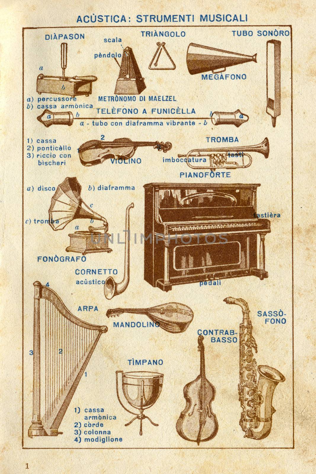 ITALY - CIRCA 1940: Vintage illustration of musical instruments, circa 1940 in Italy