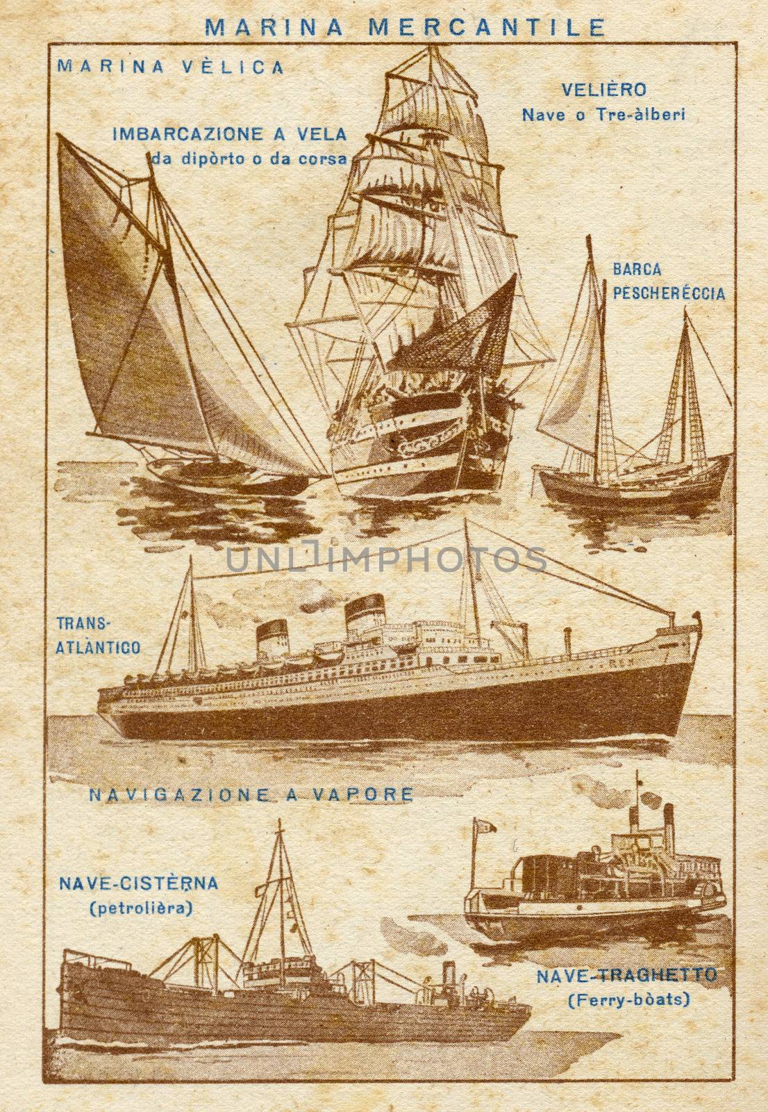 ITALY - CIRCA 1940: Vintage illustration of merchant ships, circa 1940 in Italy