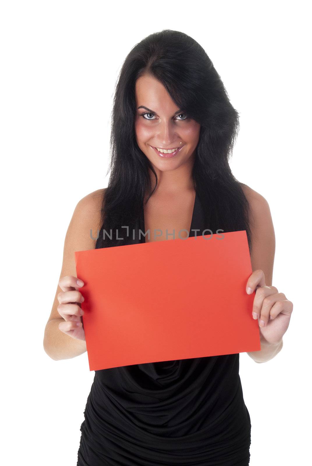nice girl holding red sheet on a white background