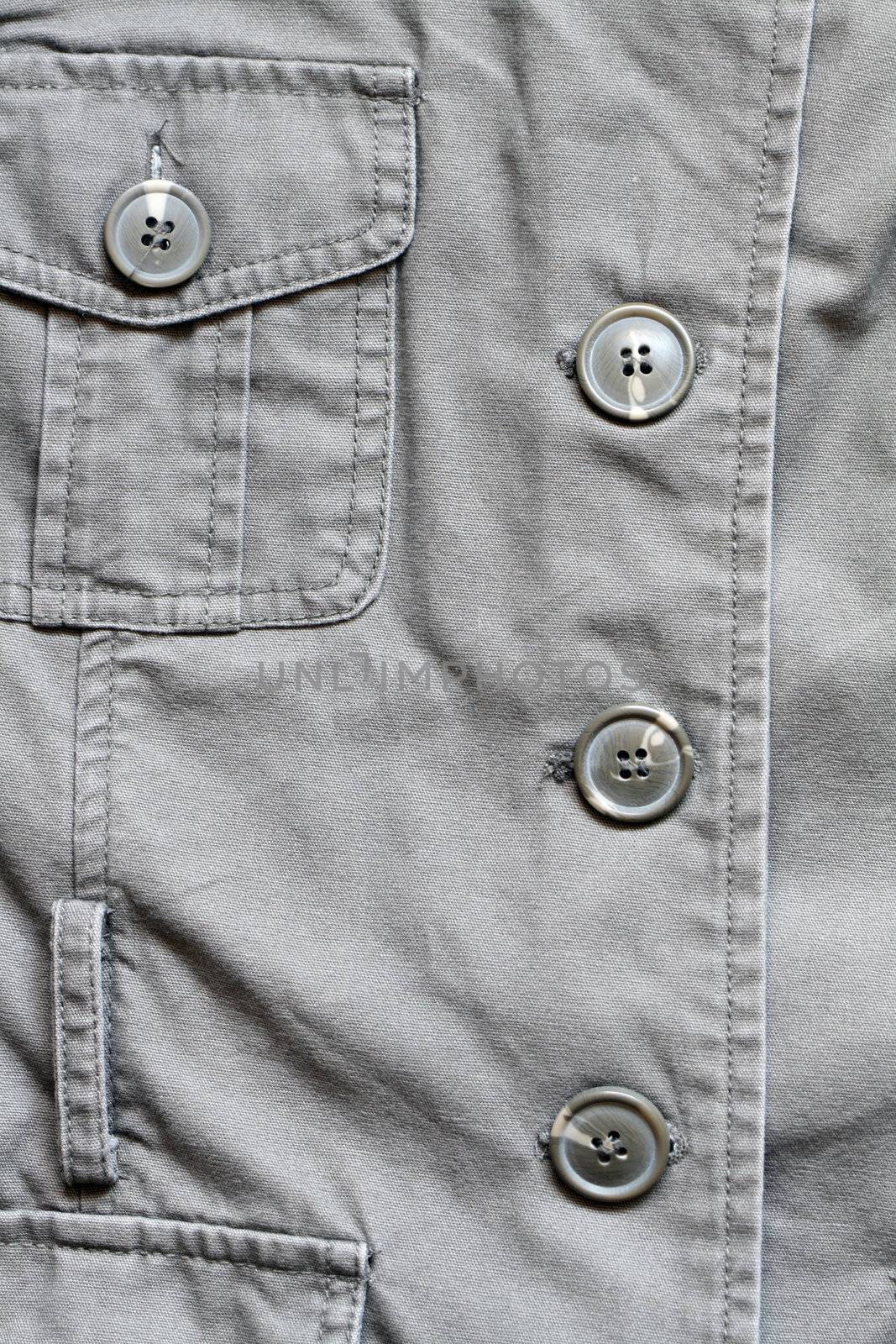 Extreme closeup of khaki jacket with buttons and pocket