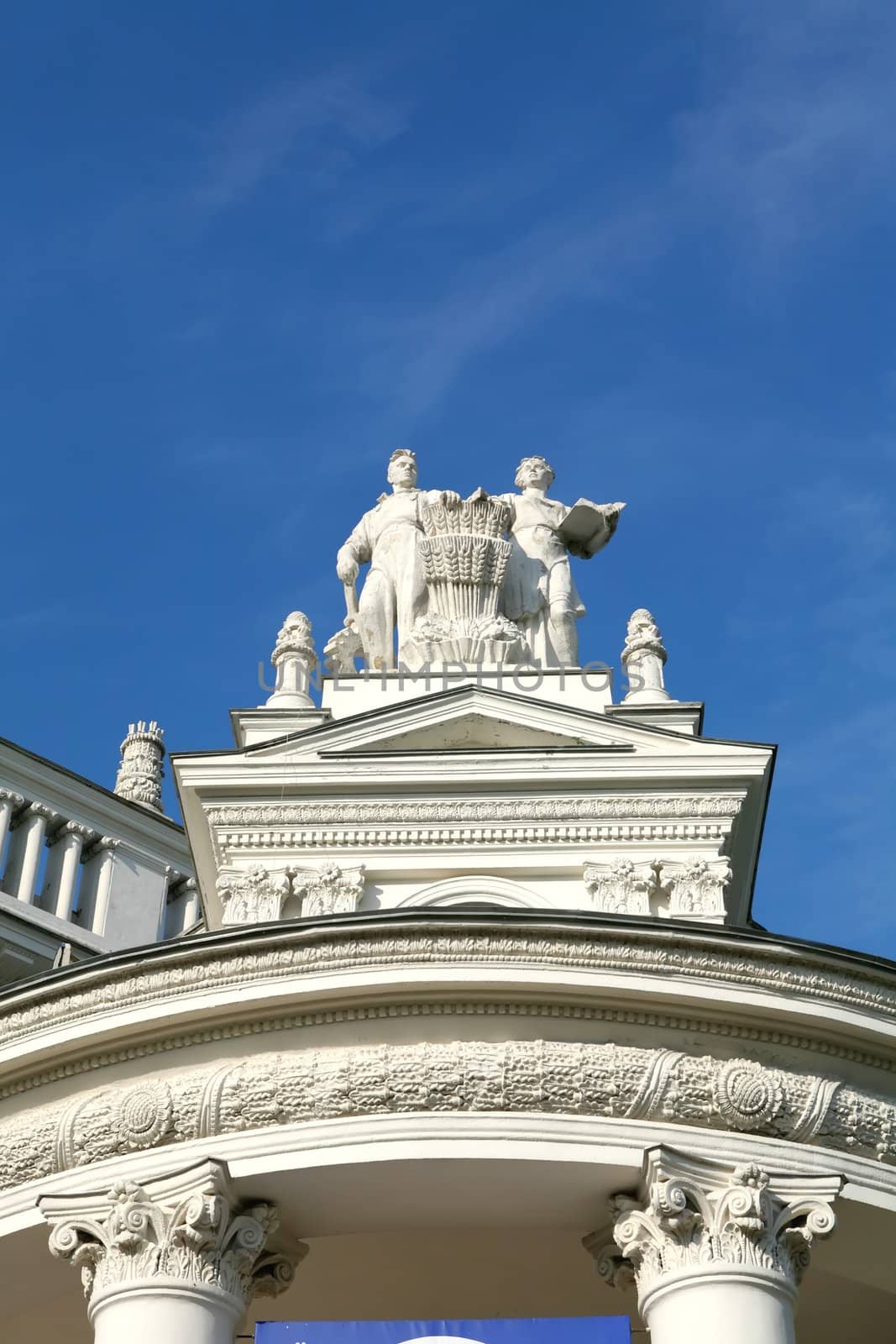 Moscow, Vintage, Architectral Superstructure of the Building 30, Sculptural Composition on Background Blue Sky