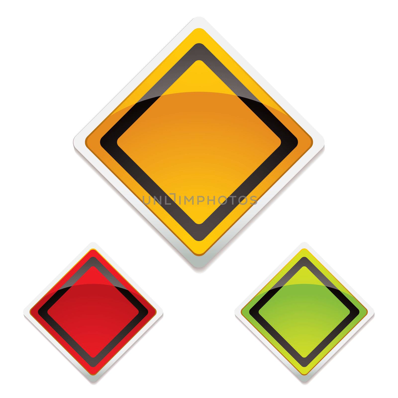 Collection of three road warning signs with modern light reflection