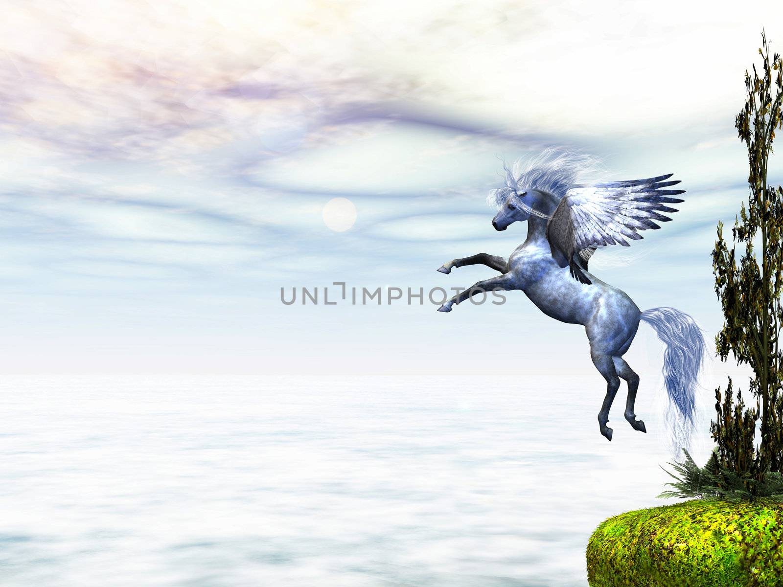 Pegasus, the fabled winged horse, takes to flight from a nearby cliff.