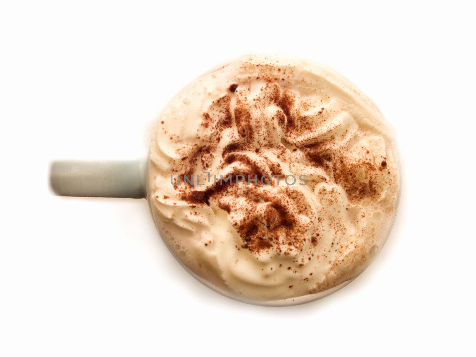 Top View of Warm chocolate  drink in cup on  white