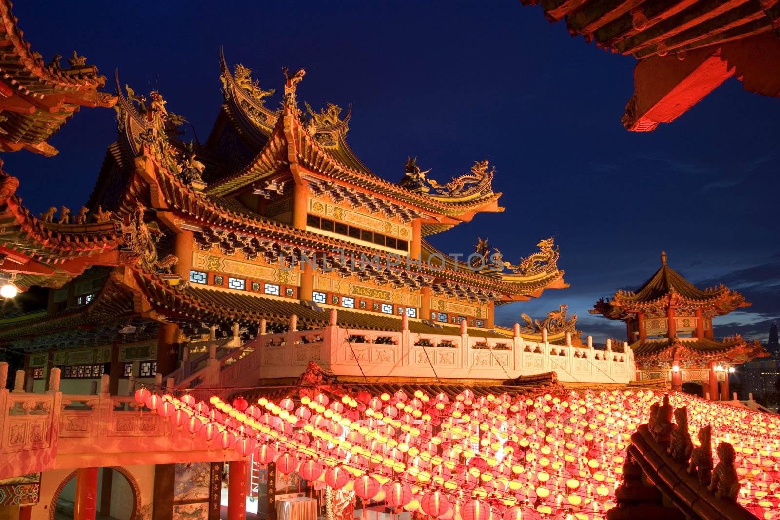 Image of a Chinese temple in Malaysia at dusk.