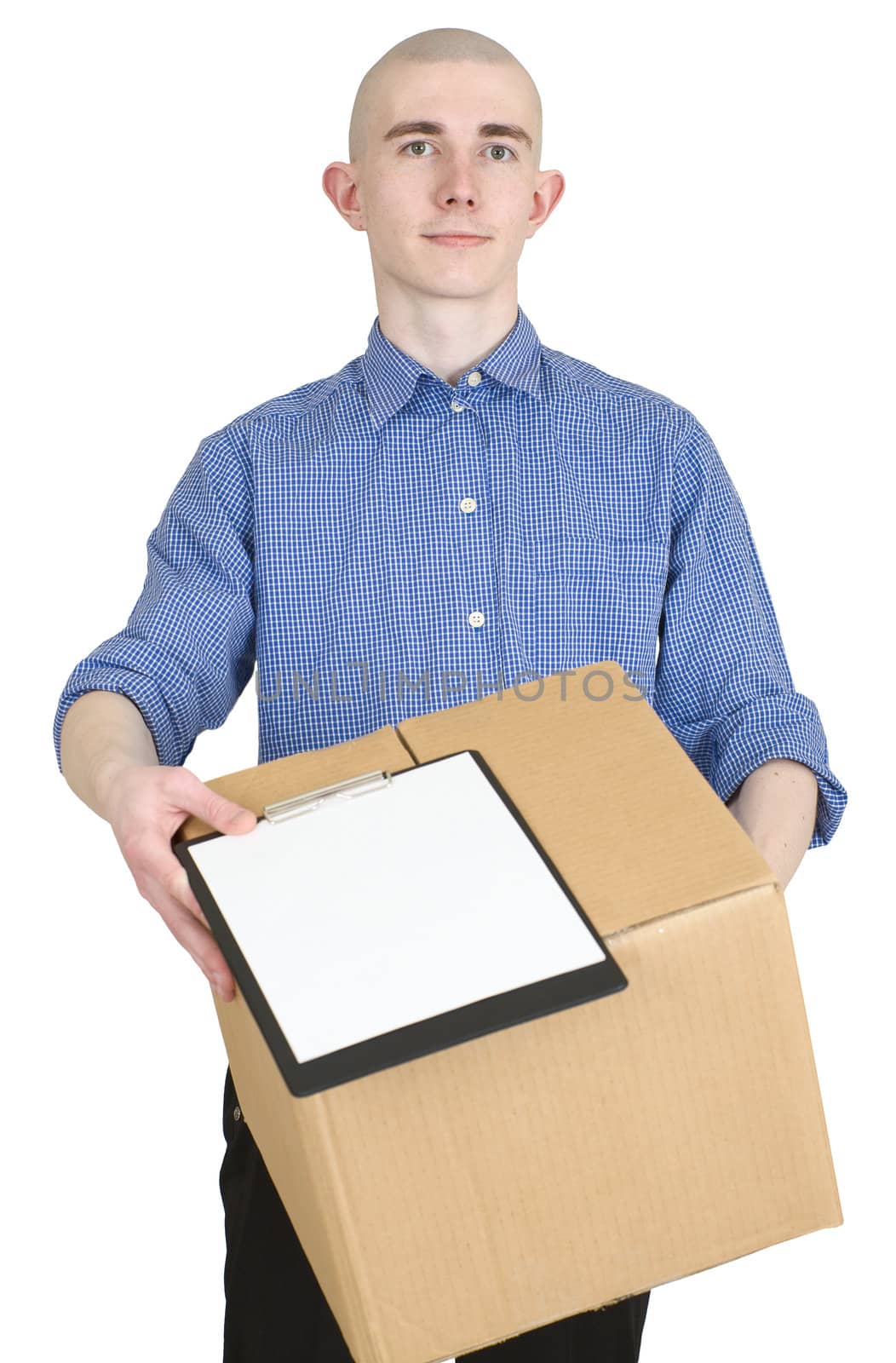 Man with cardboard and tablet on a white