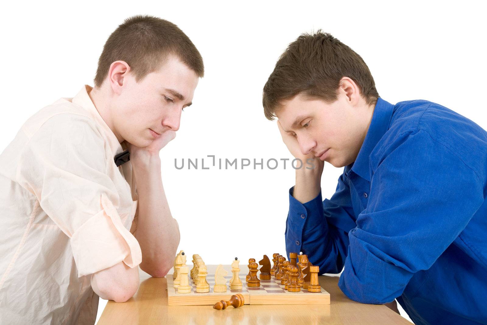 Men play chess on a white background