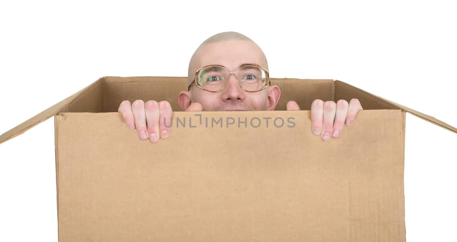 Man in carton on the white background