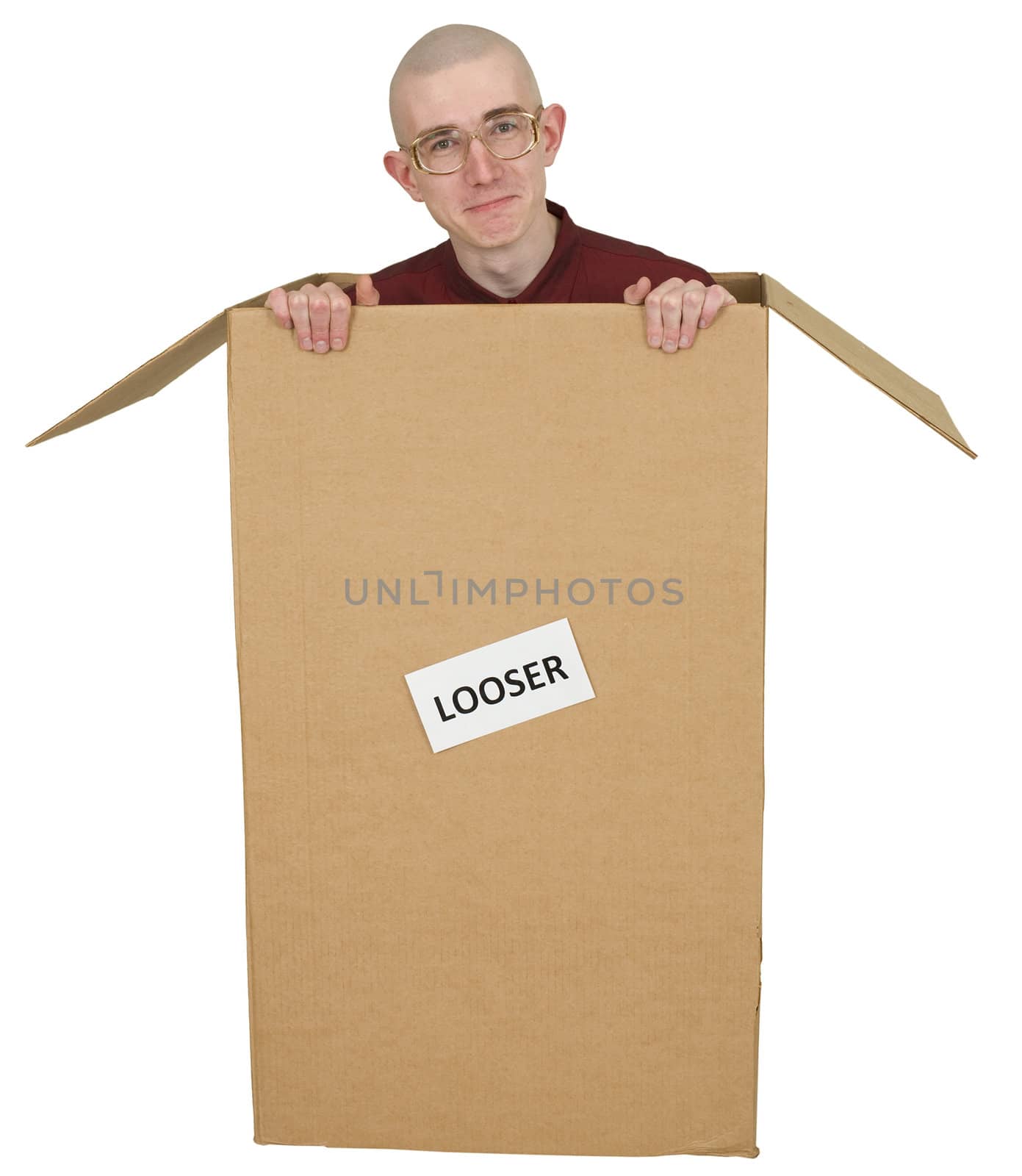 Man in carton with inscription "Looser"