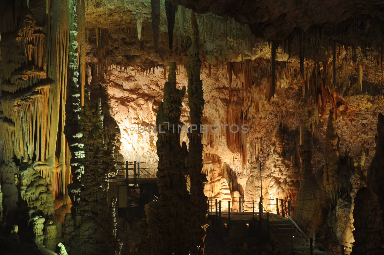 Image of the inside of a cave , details with stalactites .Israel .