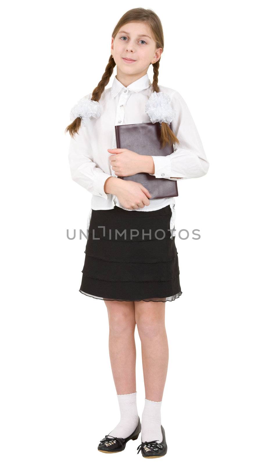 Girl hold brown book on a white