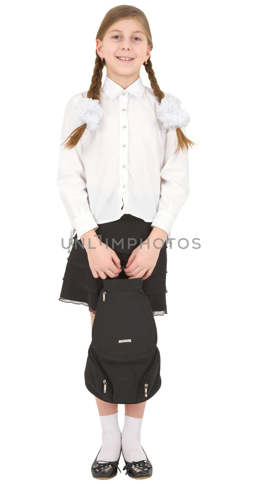 Schoolgirl and satchel on the white background