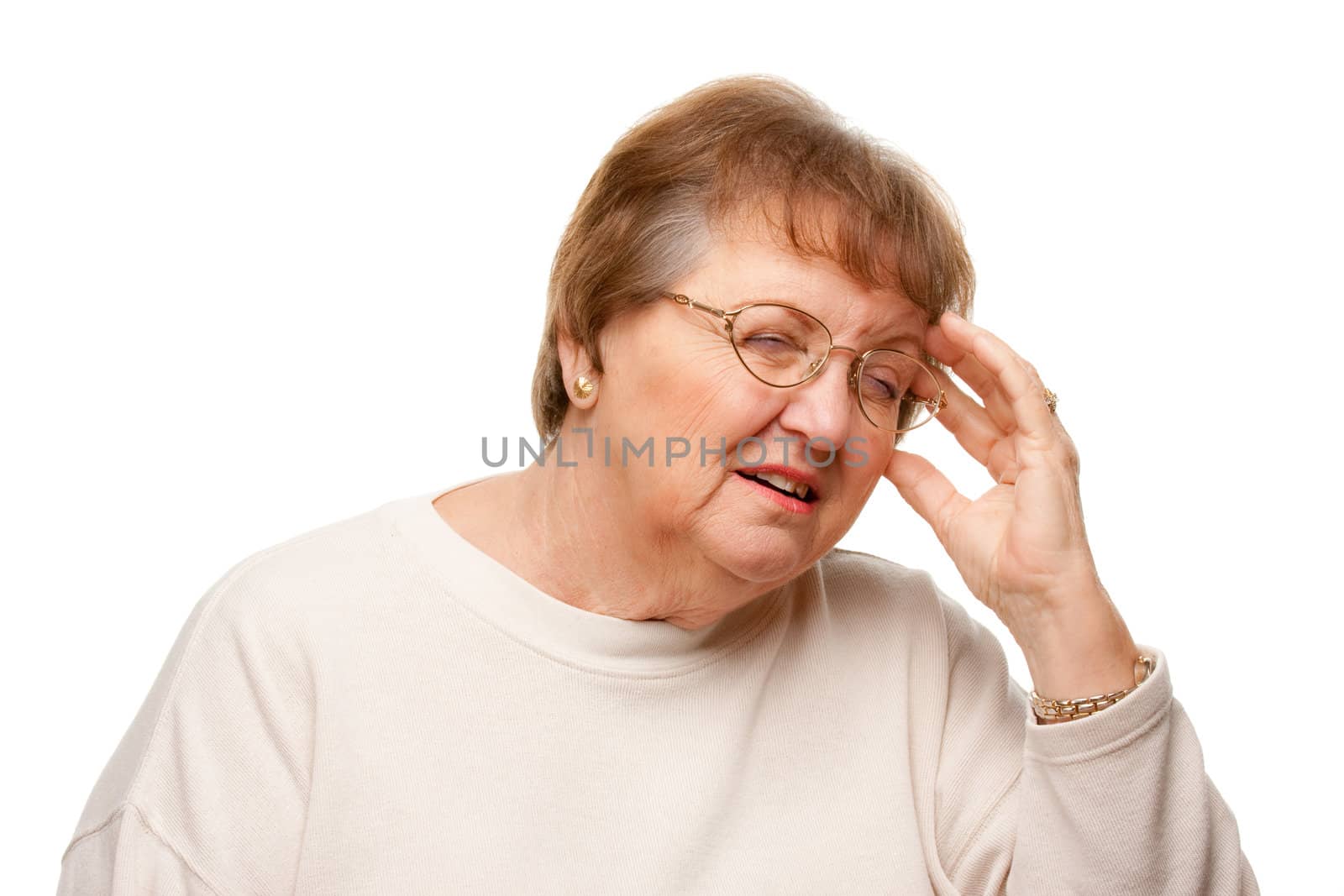 Senior Woman with Aching Head Isolated on a White Background.