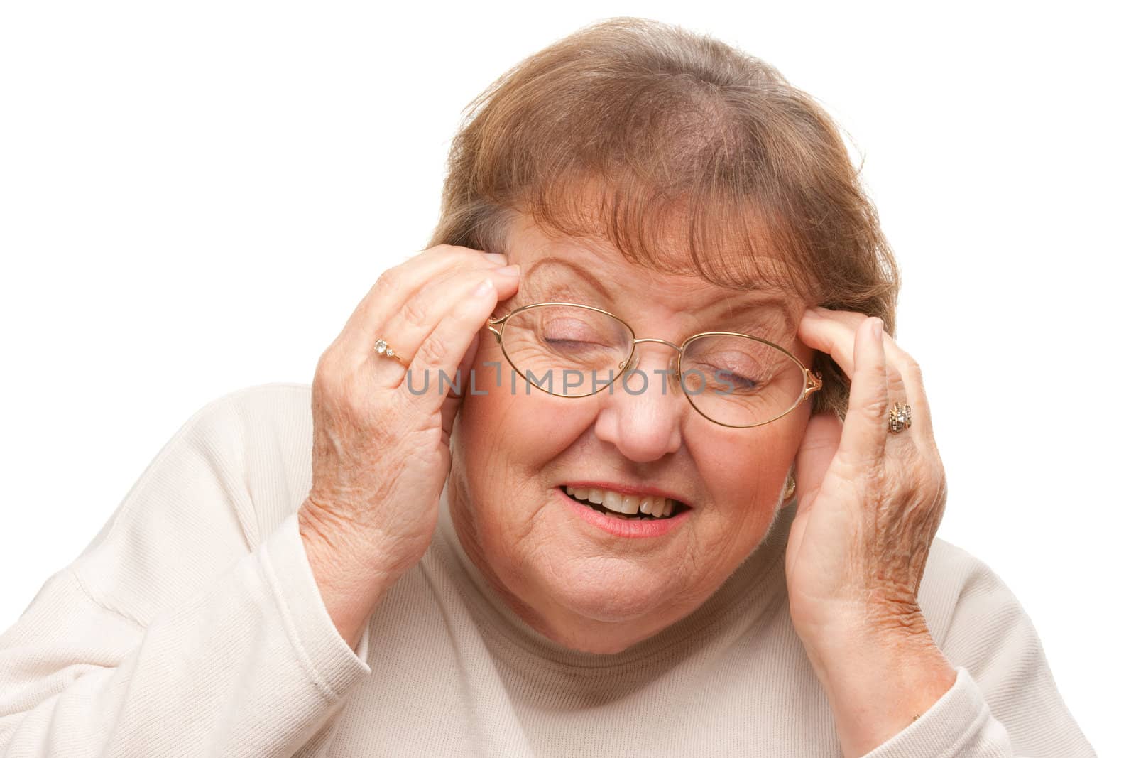 Senior Woman with Aching Head Isolated on a White Background.