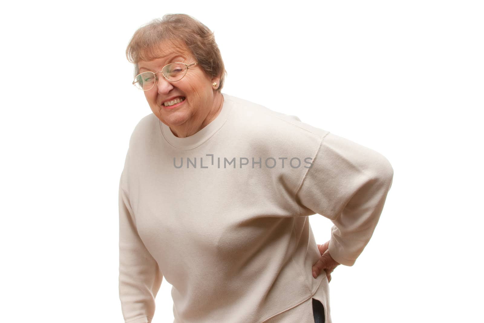 Senior Woman with Backache Isolated on a White Background.