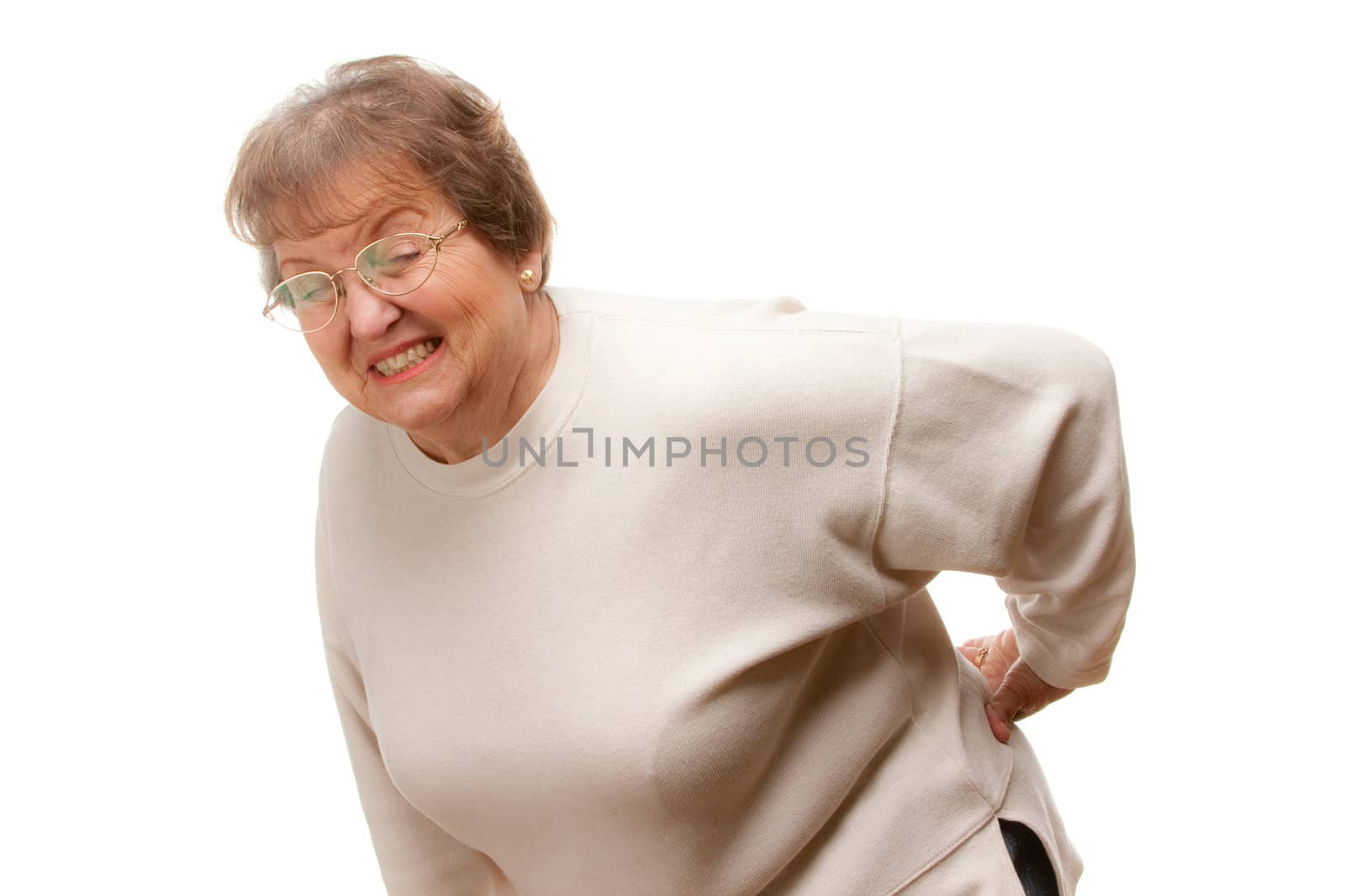 Senior Woman with Backache Isolated on a White Background.