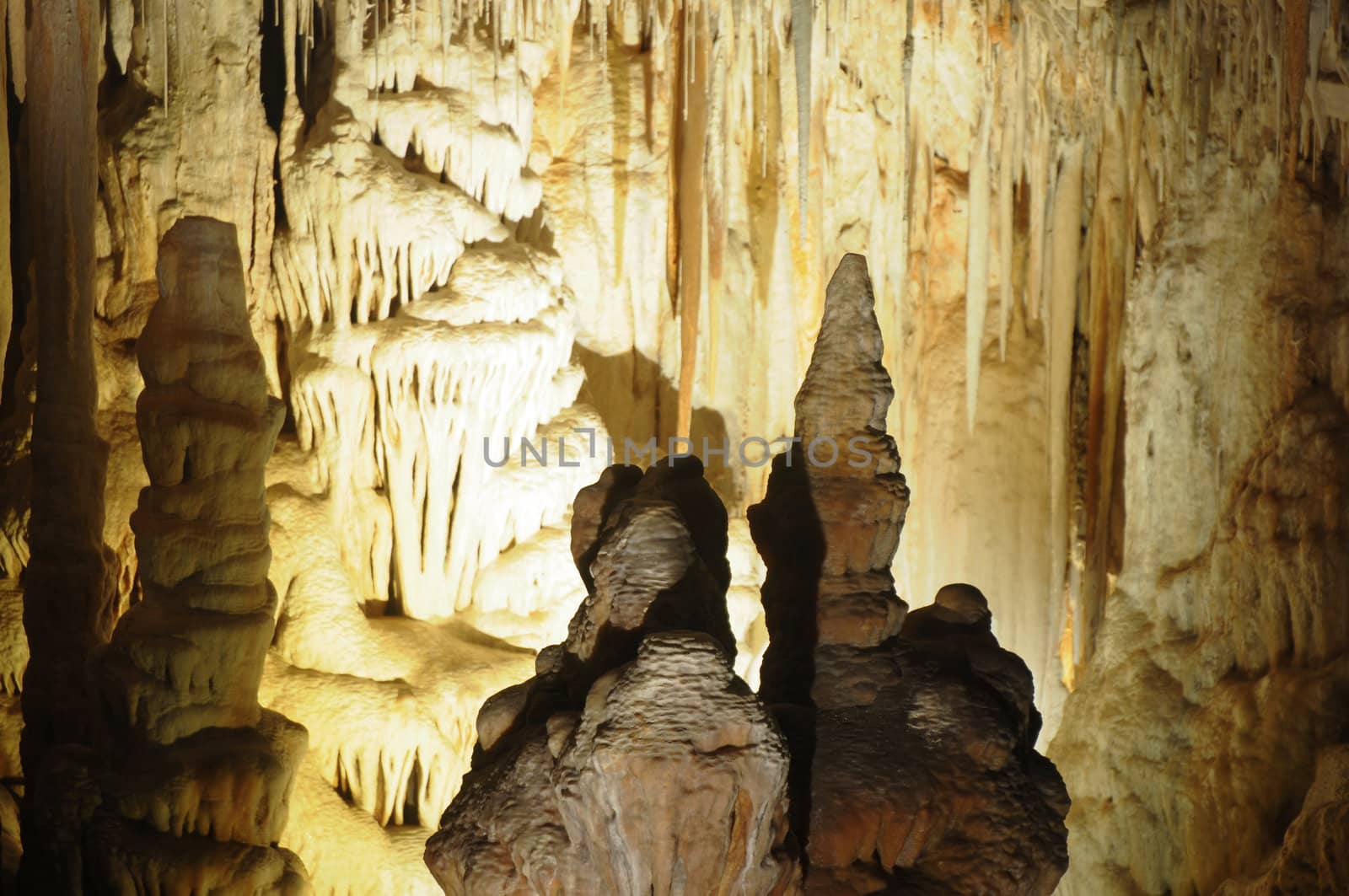 Image of the inside of a cave , details with stalactites .Israel .