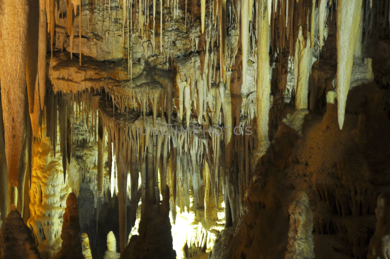 Image of the inside of a cave , details with stalactites .Israel .